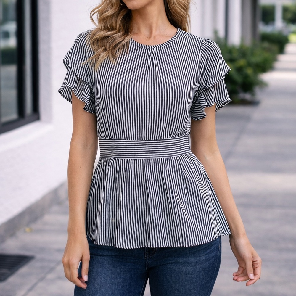 Monteau Black and White Striped Peplum Blouse A56